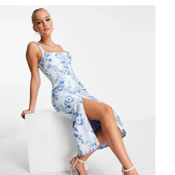 ASOS | Dresses | Asos Design Floral Blue And White Jacquard Dress | Poshmark